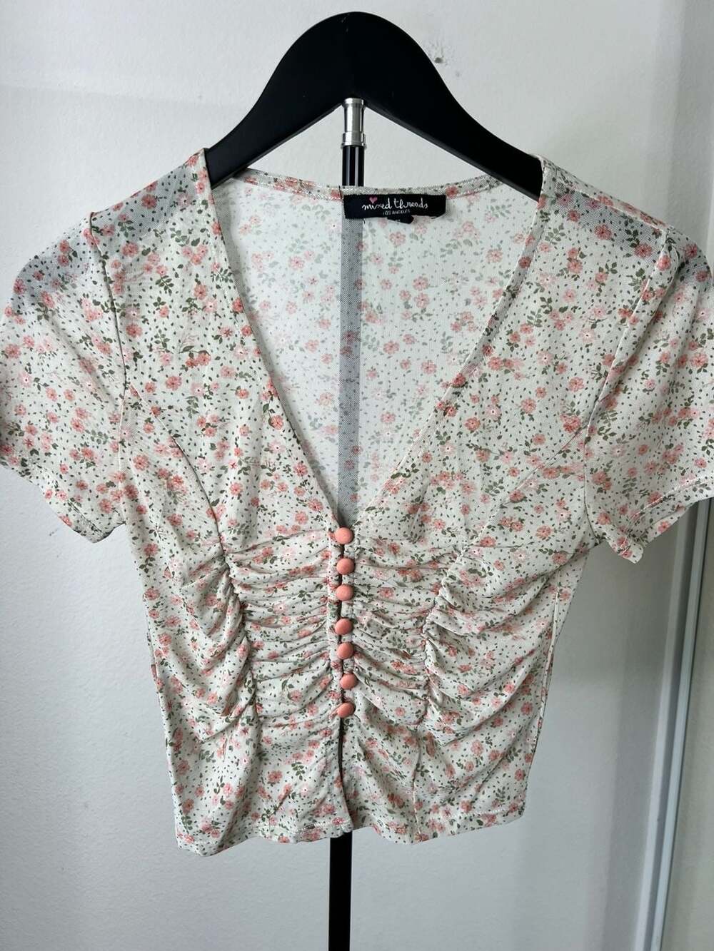 Y2K Coquette Floral Mesh Ruched Button-Front Crop Top Size S